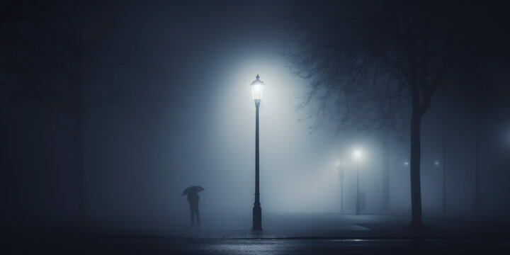 lamppost in misty forest at night