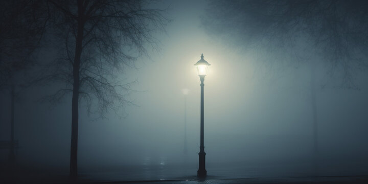 street lamps in misty forest at night