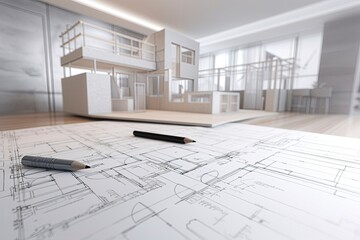 Top view workspace mockup of architectural project.AI Generated