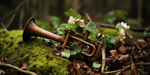 old trumpet in forest