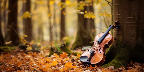 Violin leaning against forest tree in autumn 