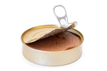Opened Tin Can with Chicken Liver Pate Isolated on White Background. Open Canned Pate - Isolation