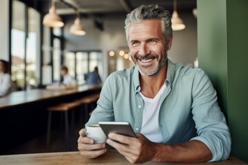 Cheerful Caucasian middle-aged man in casual clothes with tablet and cup of coffee. Happy smiling mature businessman, successful entrepreneur or employee works remotely in office or coworking cafe.