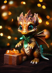 small cute baby dragon with a gift box on a background of lights, new year, symbol 2024, chinese calendar, christmas tree toy, eve, holiday, ribbon, bow, figurine, dinosaur, mythical animal, gold