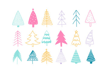 Hand drawn Christmas tree set for holiday Xmas and New year designs. Holidays modern art collection. Abstract doodle drawing woods bright colors. Vector art illustration.