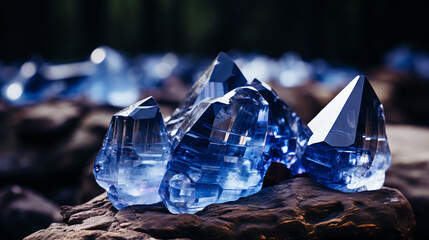 Obraz premium Background with blue crystals. Abstract background with bokeh effect. Blue glass crystals with reflections of light. AI generative