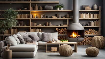 Scandinavian home interior design of a modern living room with a sofa and poufs arranged against a fireplace and wooden shelving units