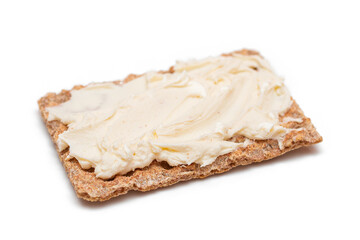 Whole Grain Crispbread with Cream Cheese - Isolated on White. Quick and Healthy Sandwiches. Healthy...