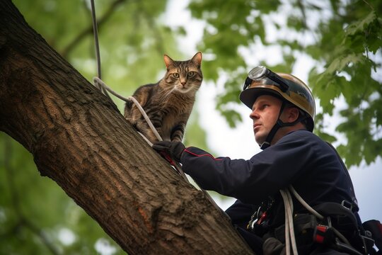 Firefighter saves cat from tree.AI Generated