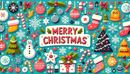 A delightful flat illustration featuring vibrant Christmas decorations in a cartoon style. Central to the scene is the cheerful "Merry Christmas" text, perfect for festive season greetings.