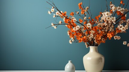 Scandinavian home interior design showcases a modern living room with an orange glass vase and a white ceramic vase holding a bouquet of field flowers against a blue wall with copy space
