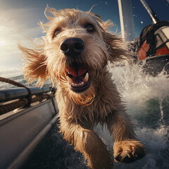 Cute smiling Afghan Hound  jumping out of a sailboat into the water