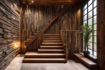 Fotobehang Wooden staircase and stone cladding wall in rustic hallway. Cozy home interior design of modern entrance hall with door. © Elegant Design & Art