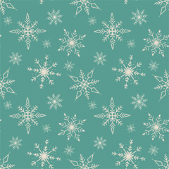 Falling snowflakes on a blue background. Seamless snowflake pattern. Winter season texture design for prints. Merry Christmas. Handmade snowflakes. Repeat snowflakes. Snowflake in doodle style.
