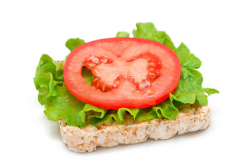 Rice Cake Sandwich with Tomato and Lettuce - Isolated on White. Easy Breakfast. Diet Food. Quick and Healthy Sandwiches. Crispbread with Tasty Filling. Healthy Dietary Snack - Isolation