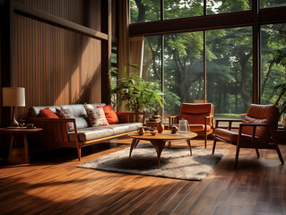 Modern Living Room with Mahogany Walls and Linoleum Floor