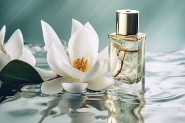 Bottle of luxury perfume and fresh jasmine flowers on light blue background.AI Generated 

