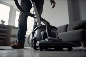 Man is vacuuming in the apartment.AI Generated	
