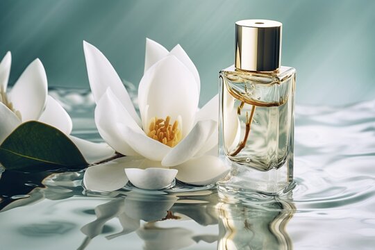Bottle of luxury perfume and fresh jasmine flowers on light blue background.AI Generated	
