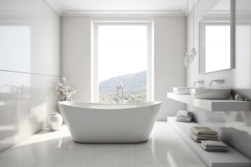 Fototapeta na wymiar Luxury white modern bathroom with window in stylish design.