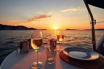 Romantic evening sunset with alcohol glass on a boat. AI Generated