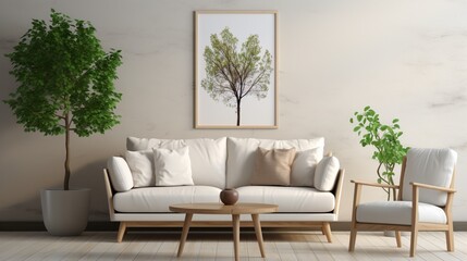 The interior design of a modern living room with an empty blank mock-up poster frame features a beige sofa and armchair near a white wall