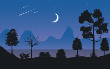 Vector night landscape - Background with mountains, lake and starry night