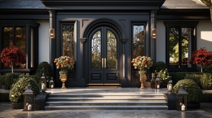 The main entrance door is a black front door framed with glass, adding an elegant touch to the luxury house