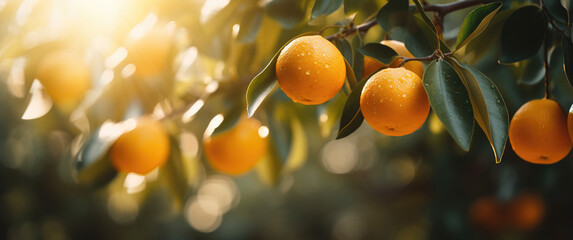 oranges and green leaves on a branch - obrazy, fototapety, plakaty