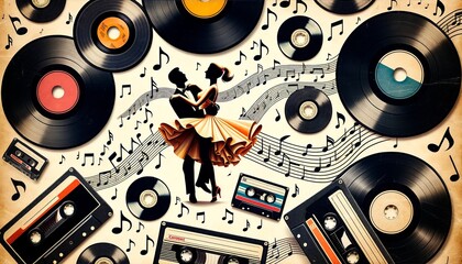 A minimalist collage encapsulates the golden age of music. Vinyl records, cassette tapes, and whimsical music notes revolve around a stylized pair in dance, capturing the euphoric essence of musical