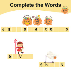 Complete the words worksheet with Halloween festival theme. Write the missing letters and complete the words. Writing the Halloween elements for preschool children. Writing activity. 