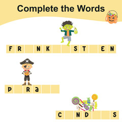 Fototapeta premium Complete the words worksheet with Halloween festival theme. Write the missing letters and complete the words. Writing the Halloween elements for preschool children. Writing activity. 