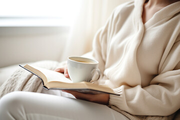 woman reading a book and drinking coffee