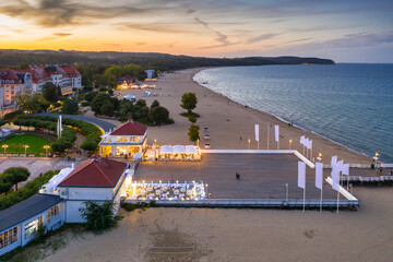 Beautiful architecture of Sopot city by the Baltic Sea at sunset, Poland. - obrazy, fototapety, plakaty