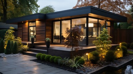 The modern minimalist private black house is decorated with wood cladding, adding to its residential architecture exterior