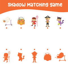 Matching shadows game for kids with cute kids in Halloween costume festival. Find the correct shadow of the Halloween elements. Printable worksheet for kid. Vector file. 