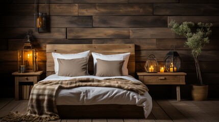 Vintage wooden bedside cabinet near a wooden bed, featuring farmhouse interior design of a modern bedroom