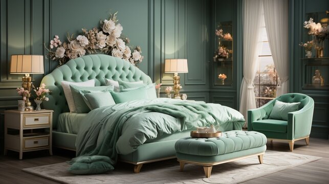 Witness The French Country Style Interior Design Of A Modern Bedroom With A Mint Color Wall