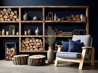 Navy Chair with Wood Stumps and Shelving Unit