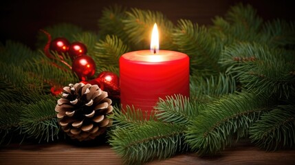 Christmas glowing burning candles, lights and holiday decorations Advent Background. Christmas Decoration With Ornament. Festive mood. Cozy, magical home atmosphere..