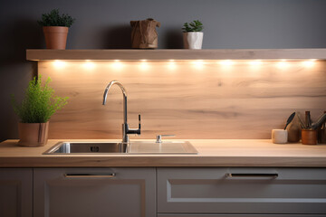 Contemporary kitchen interior in apartment living space with sink. Modern kitchen interior design. Minimalistic home decor. Contemporary elegance with stylish sink in home decor.