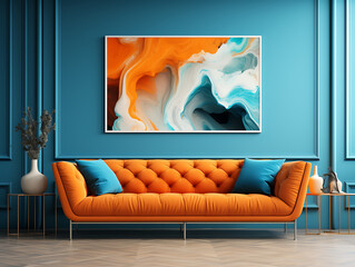 Orange Sofa Against Blue Wall