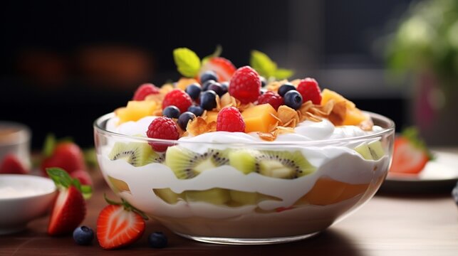 on a light table, a delicious fruit salad with yogurt.