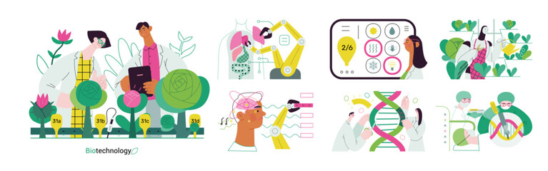Bio Technology -modern flat vector concept illustration of improving aspects of healthcare, agriculture, environmental sustainability, industrial processes. Metaphor of bridging Science and Nature