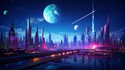 Obraz premium A futuristic, cyberpunk inspired cityscape at night.