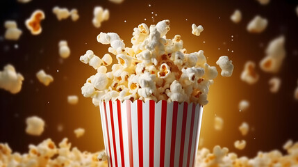 Popcorn falling into a bucket on a black background. 3d rendering