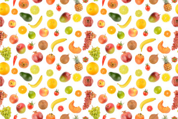 Big set fruits and vegetables isolated on white. Seamless pattern.