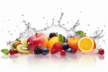Graphic with fruits, water drops, splashes on white background. Generative AI