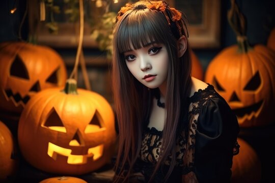Japanese girl with pumpkin ghost on background , halloween girl lifestyle, dolly kei.