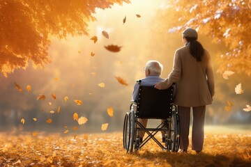 Senior man in wheelchair with his daughter standing on back for take care in autumn park - Powered by Adobe